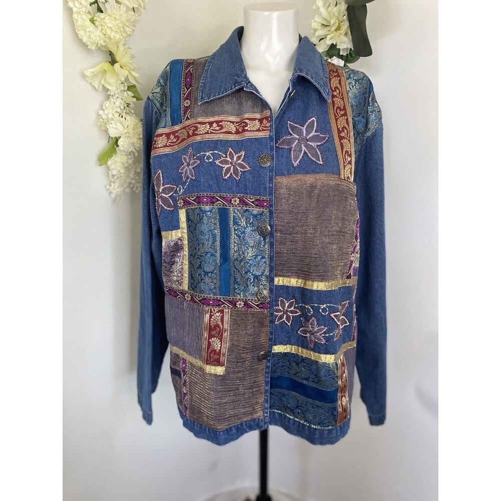 Bedford Fair Lifestyles Jean Shirt Jacket w Embroidery Appliques Beads Sz L Vtg - Picture 13 of 16